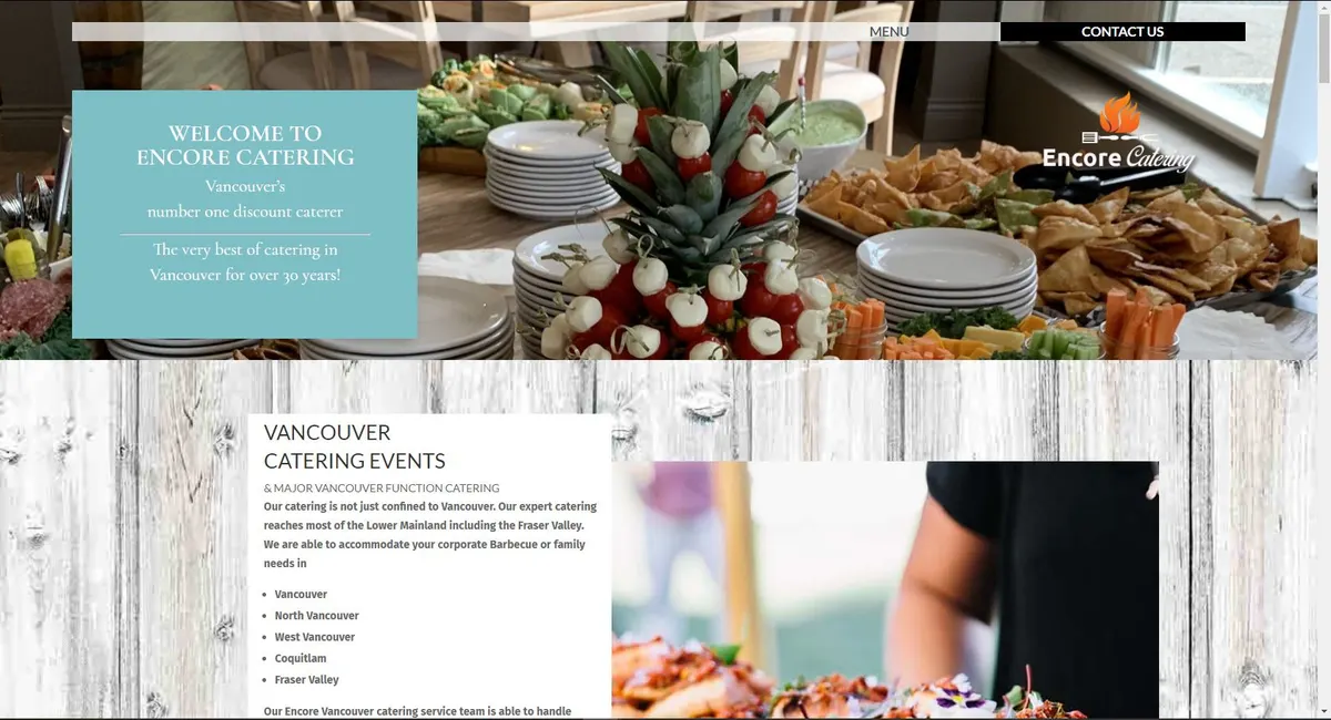 Encore Catering website with a food photography hero, events section and dark branded contact card